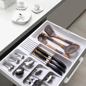 Organisateur de tiroir extensible blanc avec rails pour couteaux et couverts