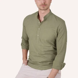 Chemise homme slim fit en lin kaki col mao trois boutons