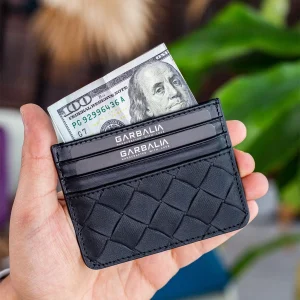 Porte-cartes unisexe fin en cuir véritable motif tressé – Noir Cape