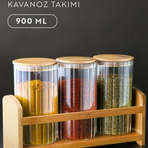 Set de 4 bocaux striés avec support et couvercle en bambou – 900 ml – Bocaux à thé, sucre et café pour plan de travail