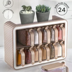 Set de 12 pots à épices avec support, couvercle auto-adhésif, cuillère intégrée et étiquettes – Pots à épices avec poignée