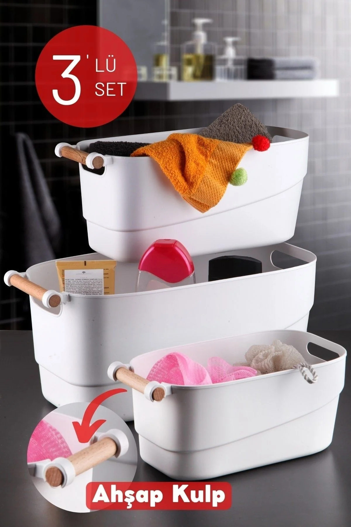 3'lü Set Ahşap Kulplu Çok Amaçlı Banyo,mutfak,çekmece Içi Düzenleyici Retro Sepet Antrast – Image 5