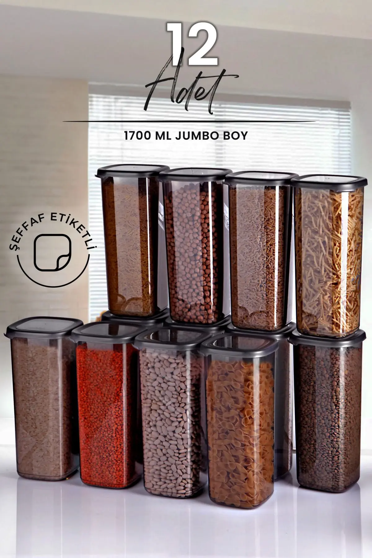 Set de 12 bocaux carrés de conservation 1700 ml avec étiquettes