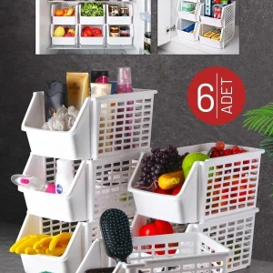 Lot 6 organiseurs empilables blancs pour placard, évier et frigo