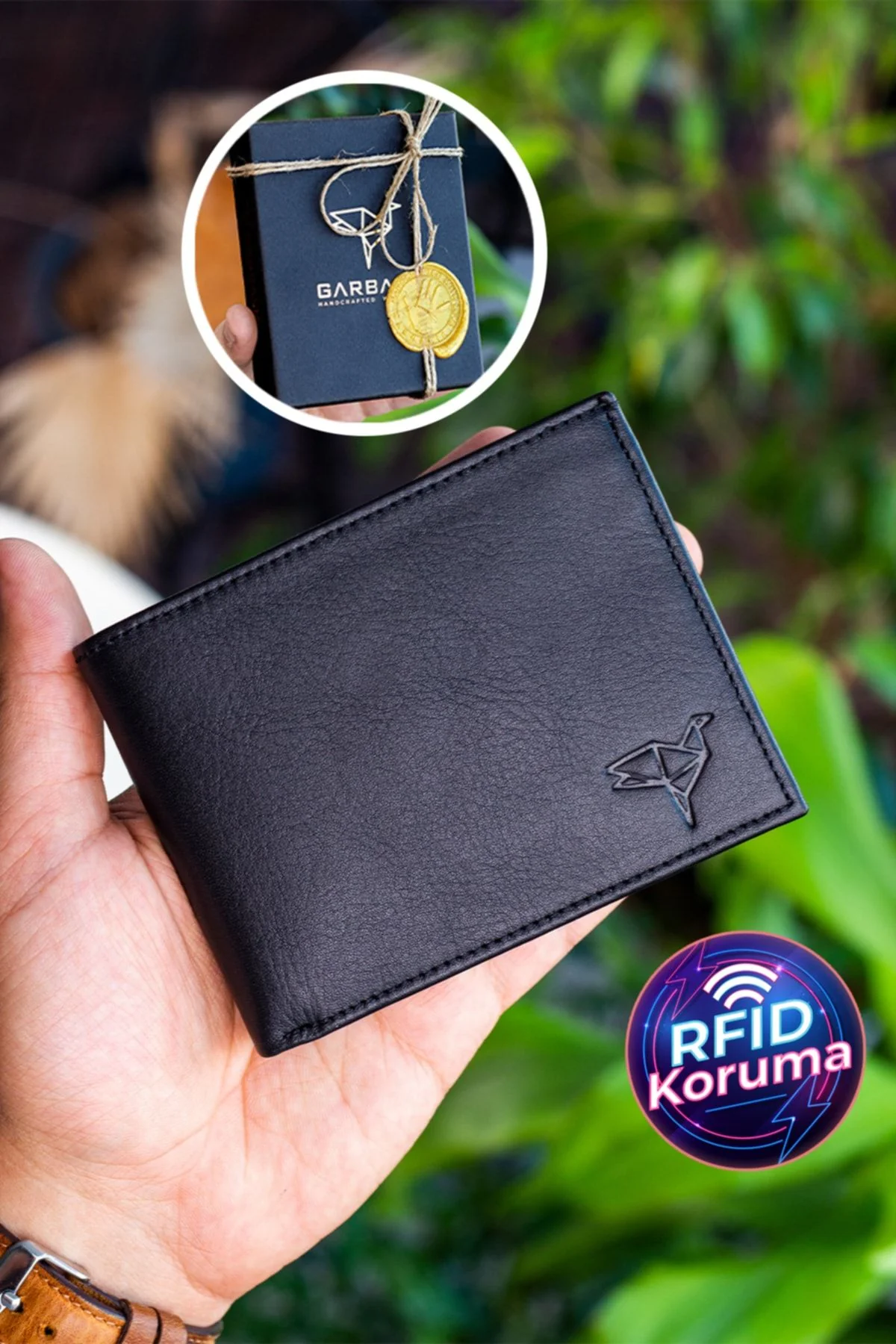Portefeuille homme en cuir véritable RFID avec porte-monnaie – Noir naturel