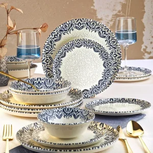 24 Parça 6 Kişilik Lale Lacivert Kenarlı New Bone Porselen Yemek Takımı - Çorba Servis Yemek Tabak
