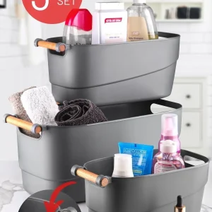 3'lü Set Ahşap Kulplu Çok Amaçlı Banyo,mutfak,çekmece Içi Düzenleyici Retro Sepet Antrast