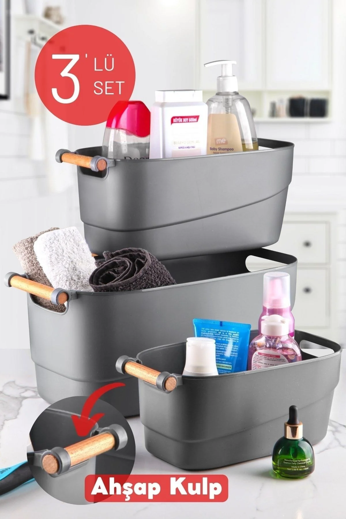 3'lü Set Ahşap Kulplu Çok Amaçlı Banyo,mutfak,çekmece Içi Düzenleyici Retro Sepet Antrast – Image 2