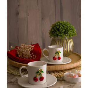 Service à café en porcelaine motif cerise 100 ml – 4 pièces pour 2 personnes