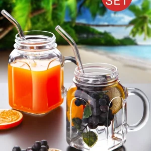 Set de 2 verres modèle bocal avec anse, livré avec pailles offertes