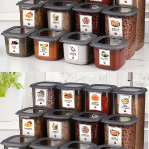 Set de 24 boîtes de conservation alimentaires carrées avec couvercles en silicone et étiquettes – Hermétiques – X8 (550 ml / 1200 ml / 1750 ml)