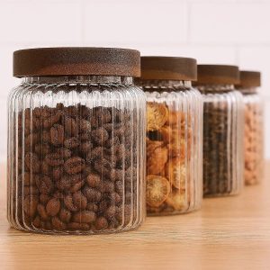 Set de 4 bocaux en verre borosilicate 320 ml avec couvercle acacia