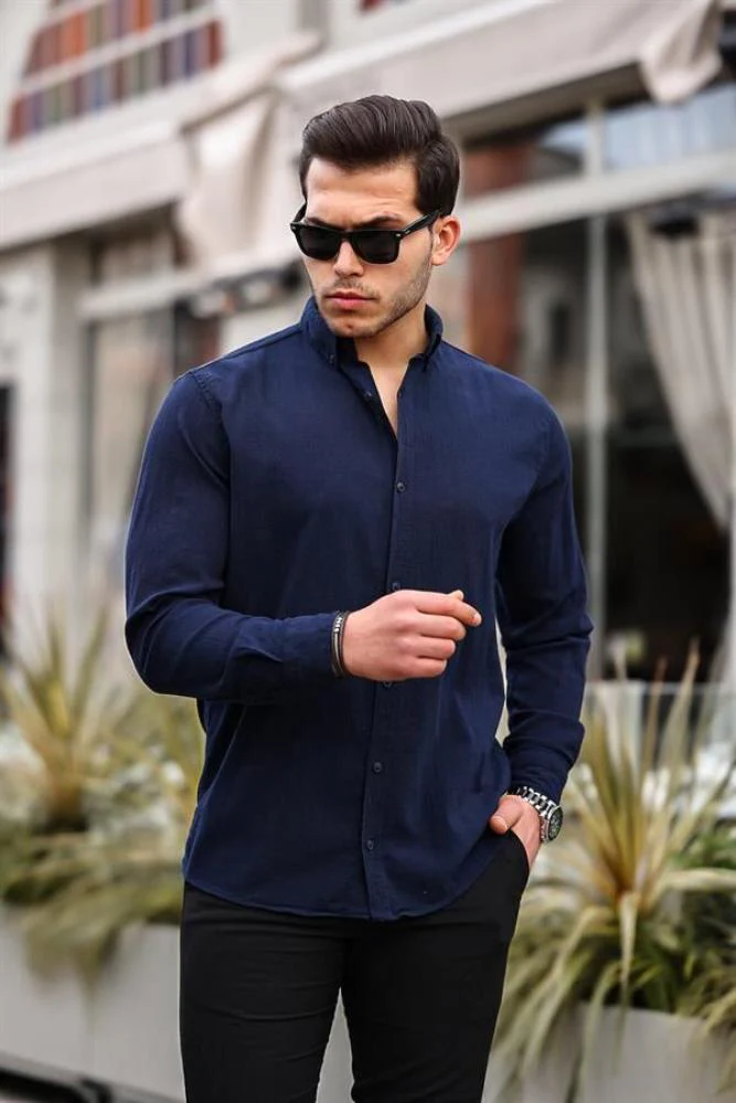 Chemise homme en coton lin froissé manches longues – Image 5