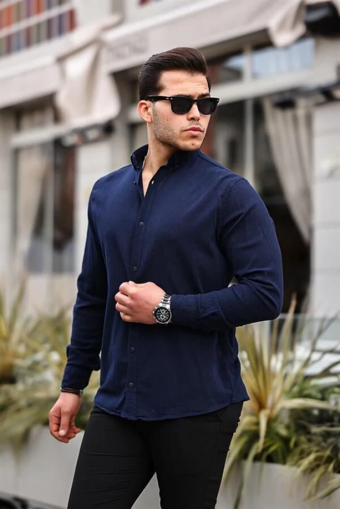 Chemise homme en coton lin froissé manches longues – Image 4