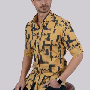 Chemise homme slim fit moutarde à motif brossé