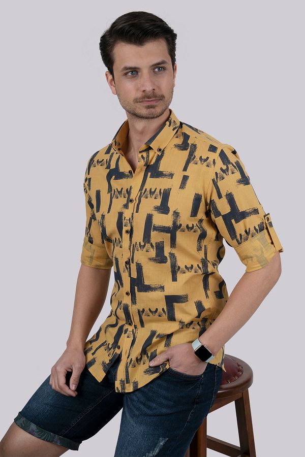 Chemise homme slim fit moutarde à motif brossé
