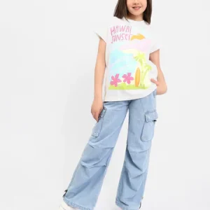 Pantalon Cargo Enfant en Jean Wide Leg – Taille Élastique & Poches - JOG25GDBP71445MR1