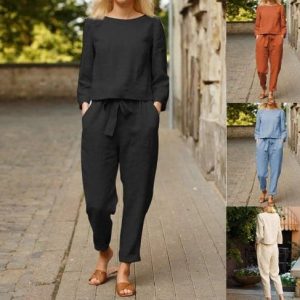 Ensemble cocooning en coton et lin, pantalon droit et haut col bateau