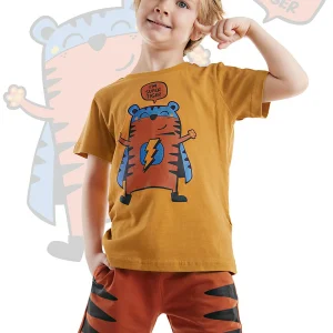 Ensemble Garçon T-shirt Moutarde et Short Imprimé Tigre en Coton