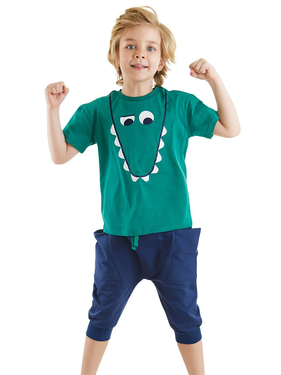 Ensemble Garçon T-shirt Vert Imprimé Crocodile et Pantalon Capri