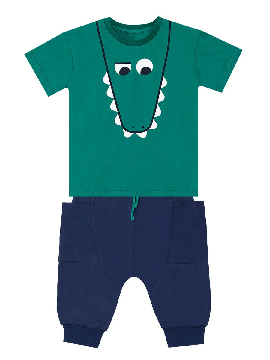 Ensemble Garçon T-shirt Vert Imprimé Crocodile et Pantalon Capri – Image 4