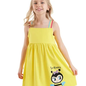 Robe Fille Jaune en Coton avec Imprimé Abeille et Bretelles Élastiques