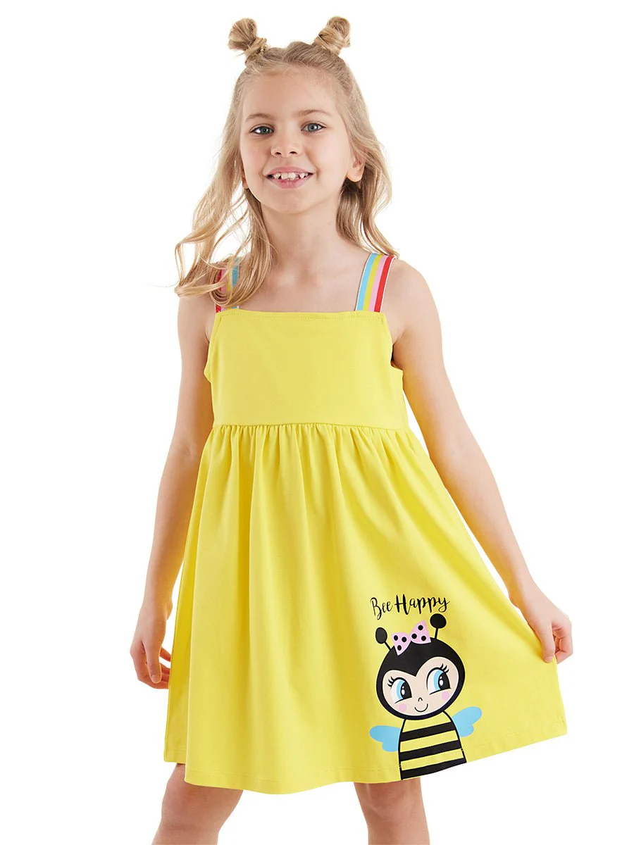 Robe Fille Jaune en Coton avec Imprimé Abeille et Bretelles Élastiques