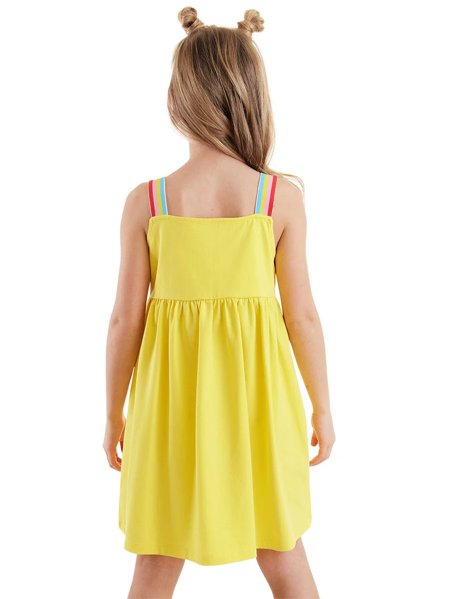 Robe Fille Jaune en Coton avec Imprimé Abeille et Bretelles Élastiques – Image 3