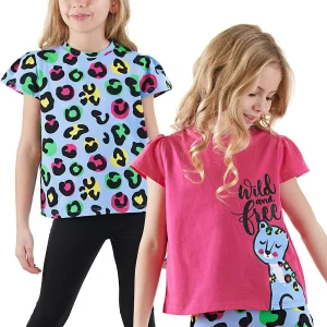 Pack de 2 T-shirts Fille – Fuchsia et bleu, imprimé léopard, coton