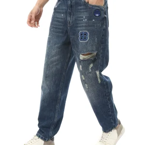 Pantalon en jean pour homme large avec touches de broderie et déchirures modernes pour un look jeune et audacieux - JNS24SLSE22112TM1