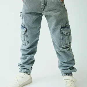 Jogger ado garçon style cargo en denim délavé avec poches à rabat - JOG25GDWL24276TJ1