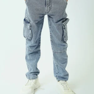 Jogger garçon style cargo en denim délavé avec poches latérales - JOG25GDWL24295TB1