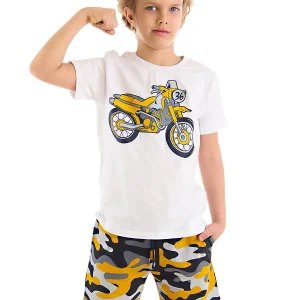 Ensemble Garçon T-shirt Blanc Imprimé Moto et Short Camouflage