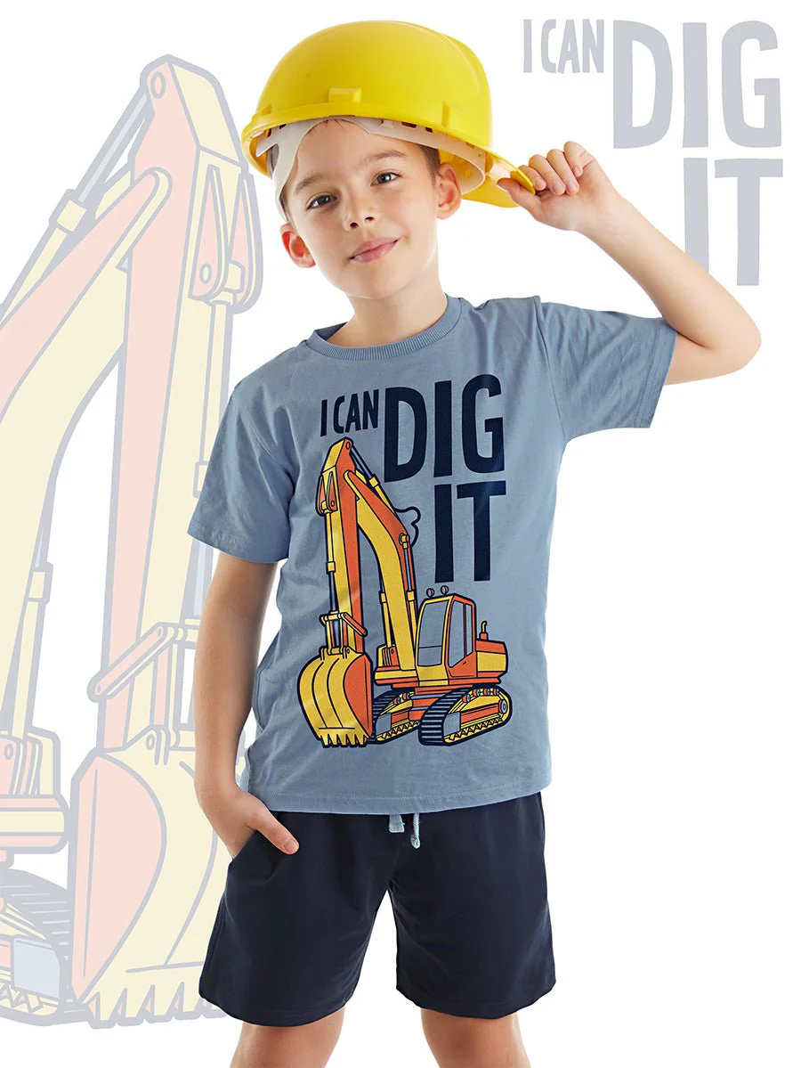 Ensemble Garçon T-shirt Bleu Imprimé Pelleteuse et Short en Coton – Image 2