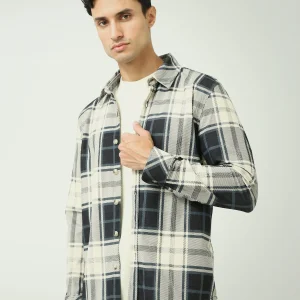 Chemise casual homme à carreaux noir et crème design moderne - OSH25WCUR19141TM1