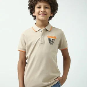 Polo ado garçon beige café – détails orange, style streetwear - POS24SPPI75545MJ1
