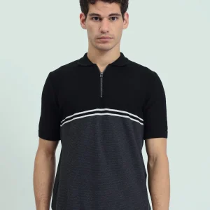 Polo Homme Noir et Gris à Col Zippé – Coupe Slim et Style Moderne - POS25SKTW21866TM1