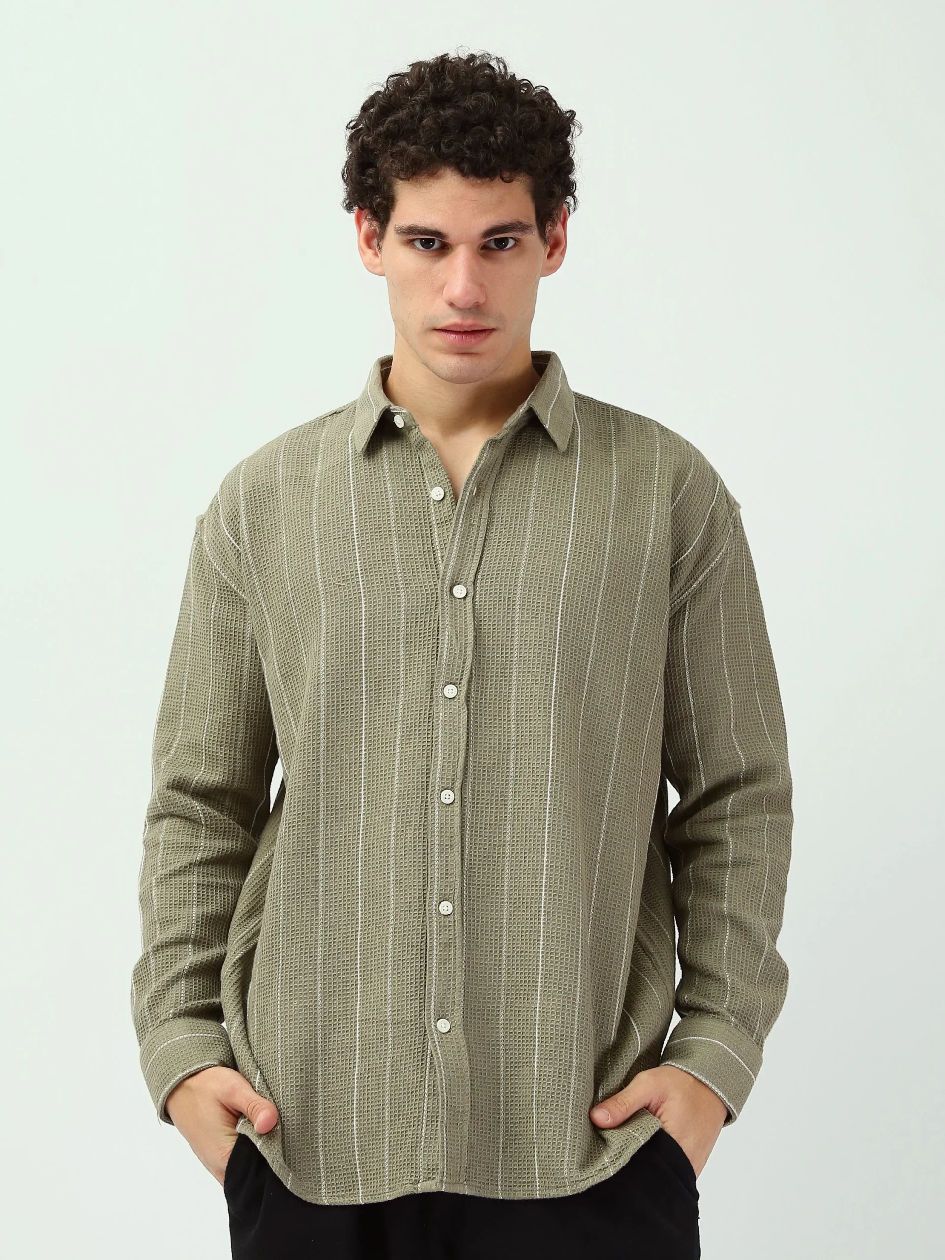 Chemise Homme Vert Olive à Rayures – Style Casual Chic Moderne - SHI25SSCR16030TM1