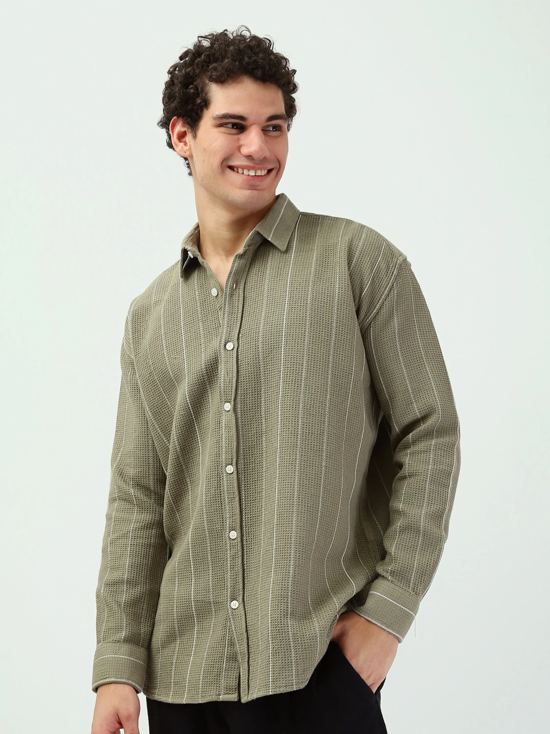 Chemise Homme Vert Olive à Rayures – Style Casual Chic Moderne - SHI25SSCR16030TM1 – Image 3