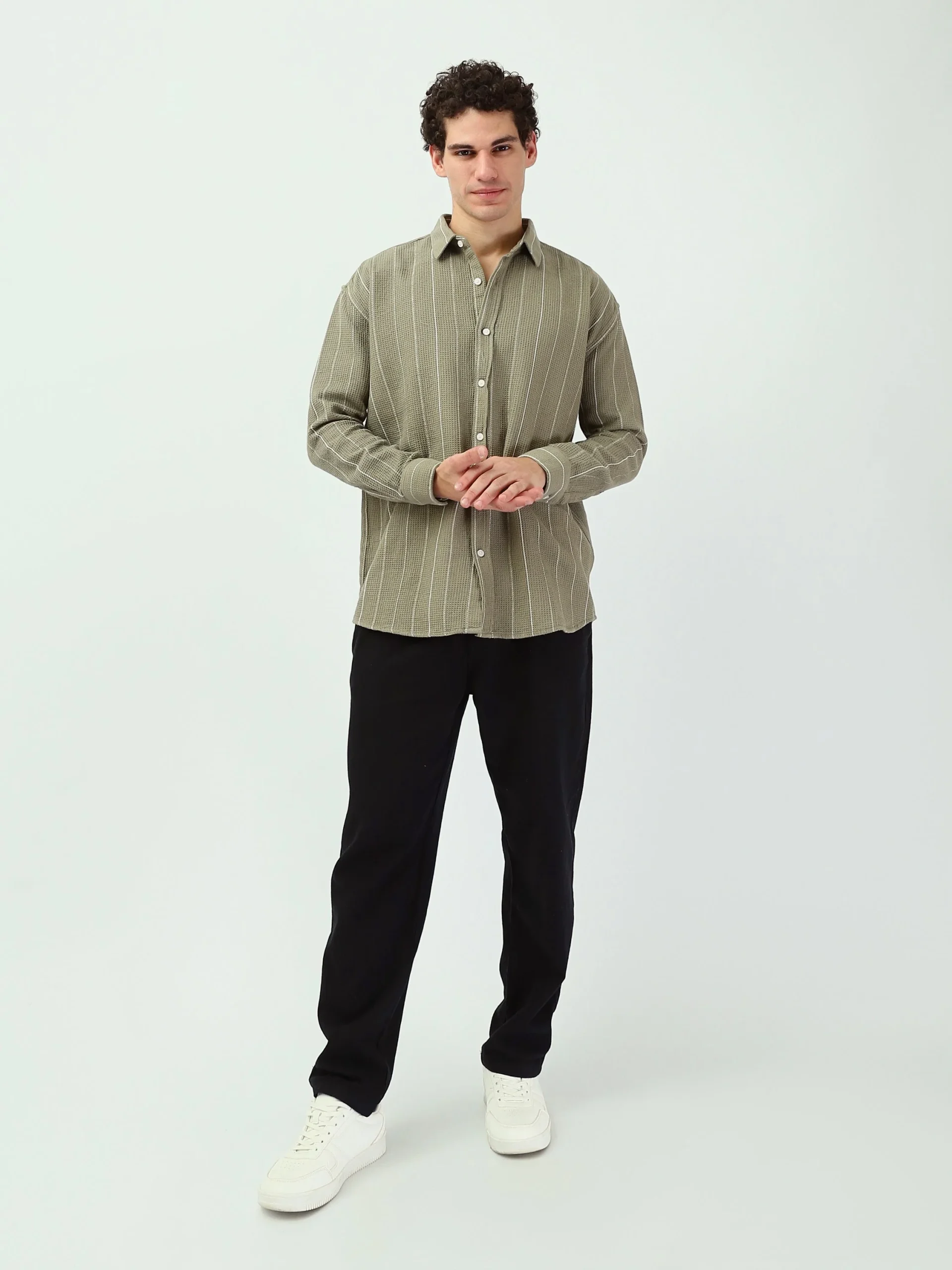 Chemise Homme Vert Olive à Rayures – Style Casual Chic Moderne - SHI25SSCR16030TM1 – Image 5