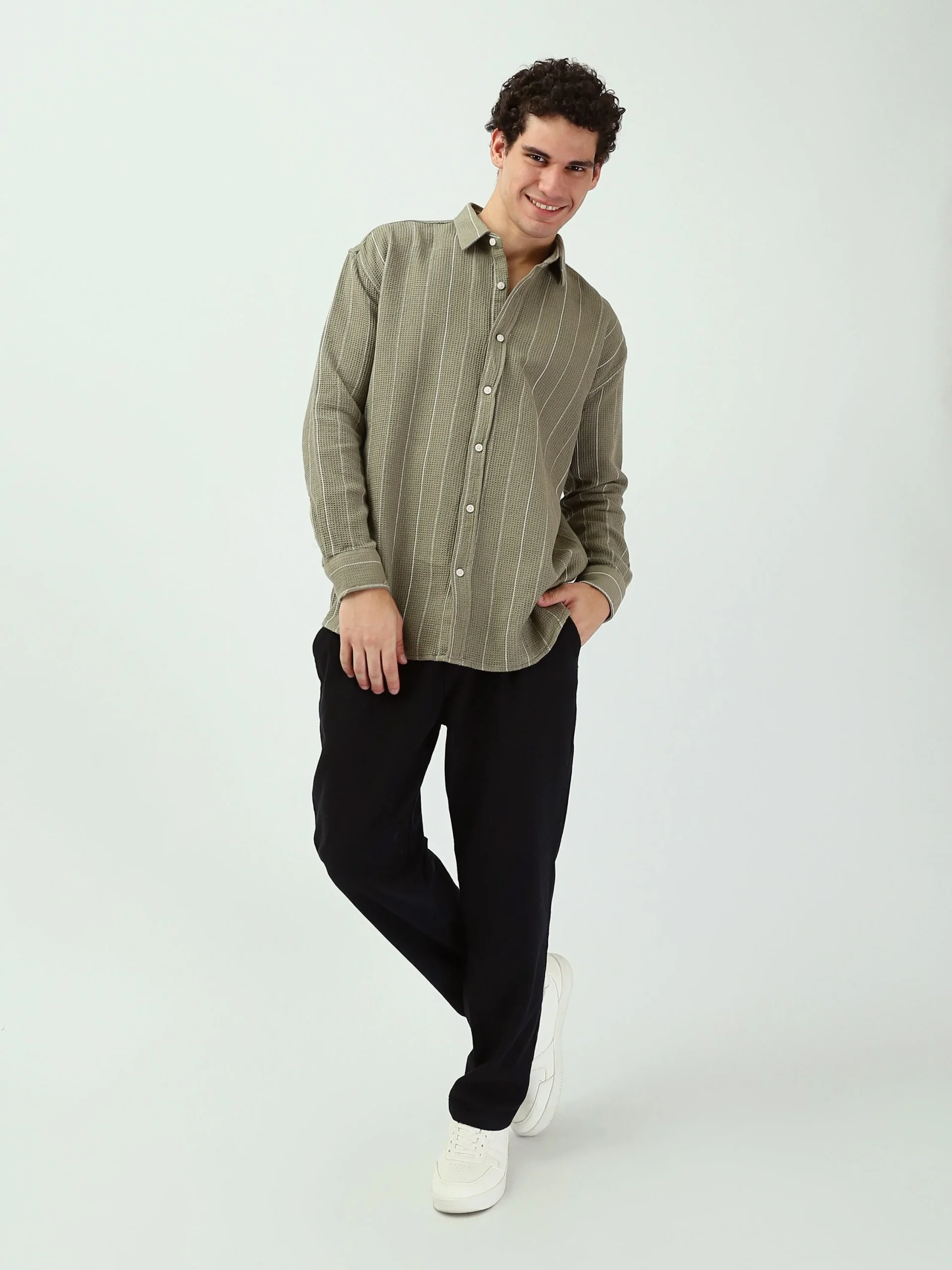 Chemise Homme Vert Olive à Rayures – Style Casual Chic Moderne - SHI25SSCR16030TM1 – Image 7