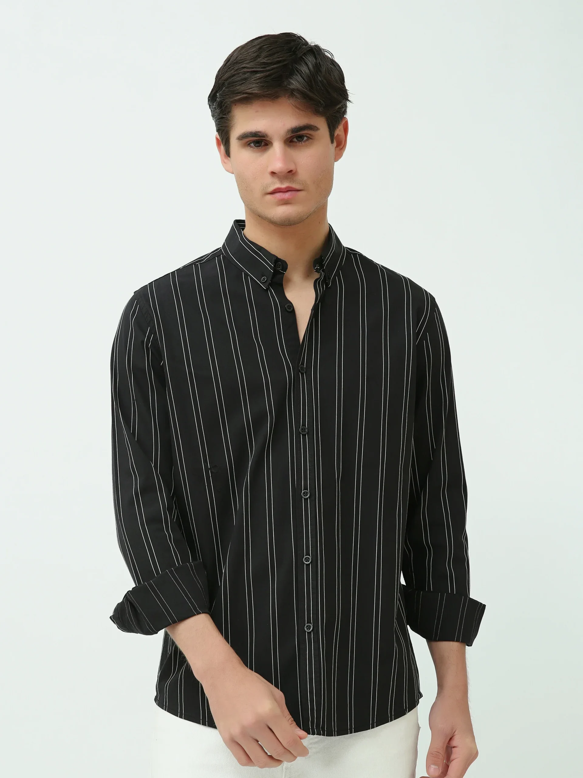 Chemise Homme Slim Fit – Rayures Noires et Blanches – SHI25SSLR19465TM1 – Image 2