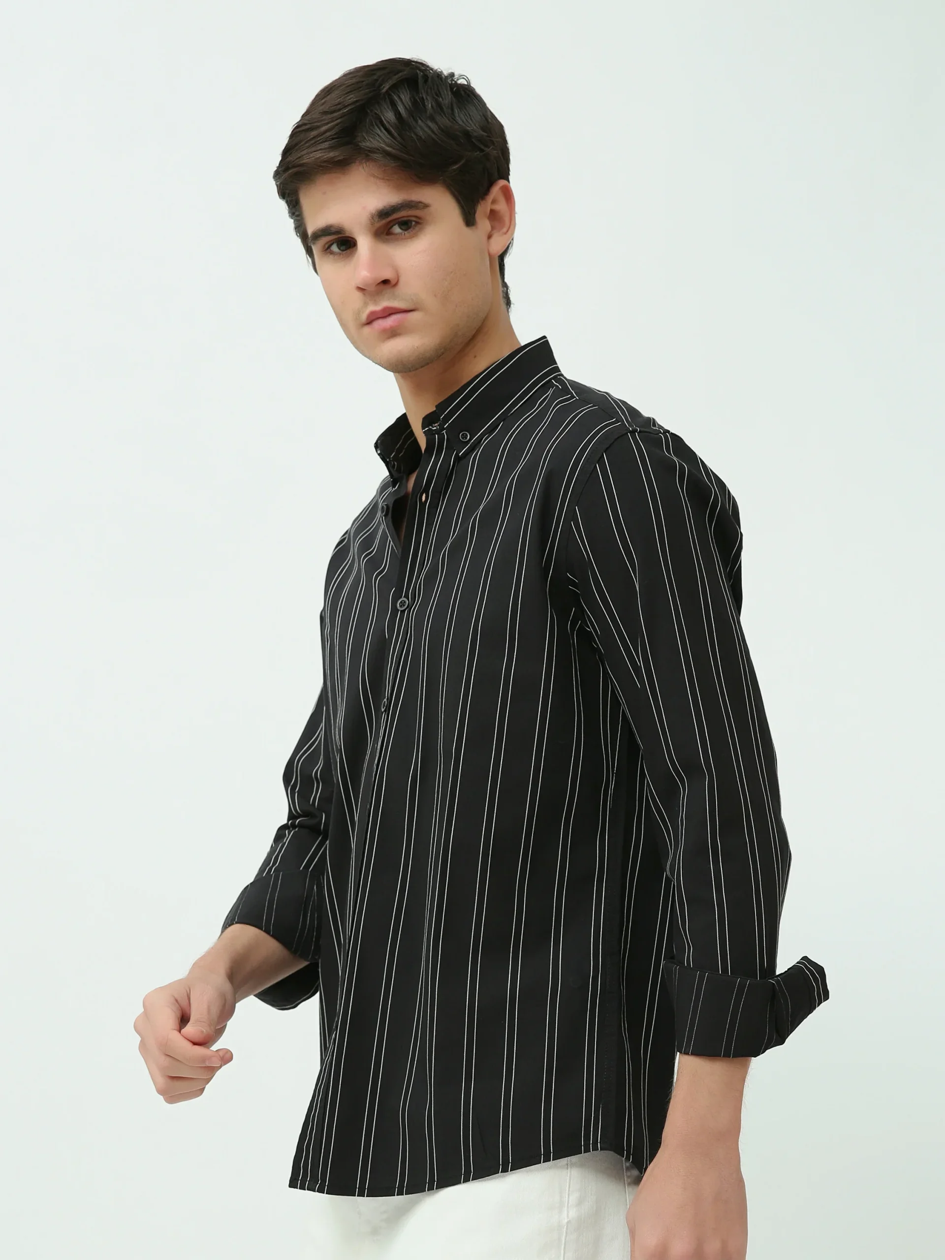 Chemise Homme Slim Fit – Rayures Noires et Blanches – SHI25SSLR19465TM1 – Image 3