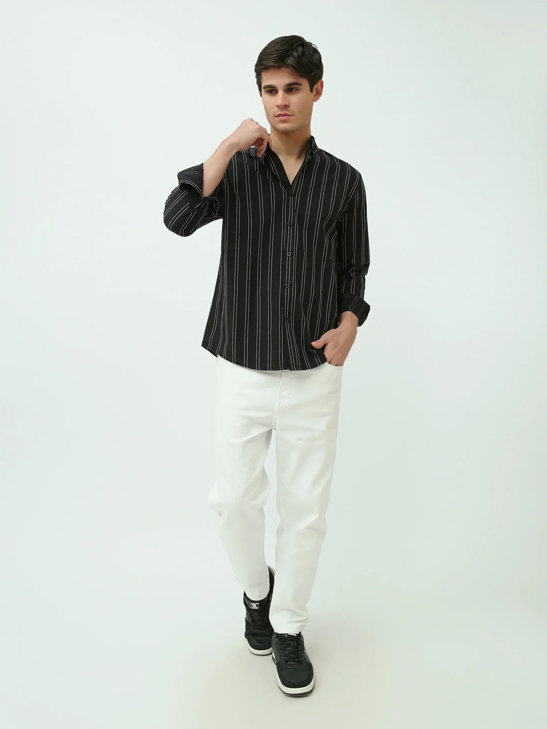 Chemise Homme Slim Fit – Rayures Noires et Blanches – SHI25SSLR19465TM1 – Image 7