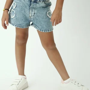Short en jean fille mid blue – taille élastique – effet usé avec déchirures – denim d’été - SHR24SDDP70613MG1