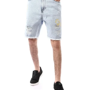 Short en Jean Homme Bleu Clair avec Détails Déchirés et Broderie – Style Tendance - SHR24SDPP30192TM1