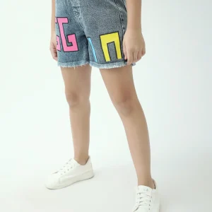 Short en jean fille avec lettres colorées – taille élastique – ourlets effilochés – SHR24SDPP70610MG1
