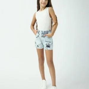 Short en jean fille ice blue avec imprimés fun – taille élastique – ourlets effilochés - SHR24SDPP70611MG1