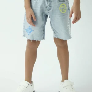 Short en jean garçon bleu clair style graffiti à bords effilochés - SHR24SDPP75432MB1