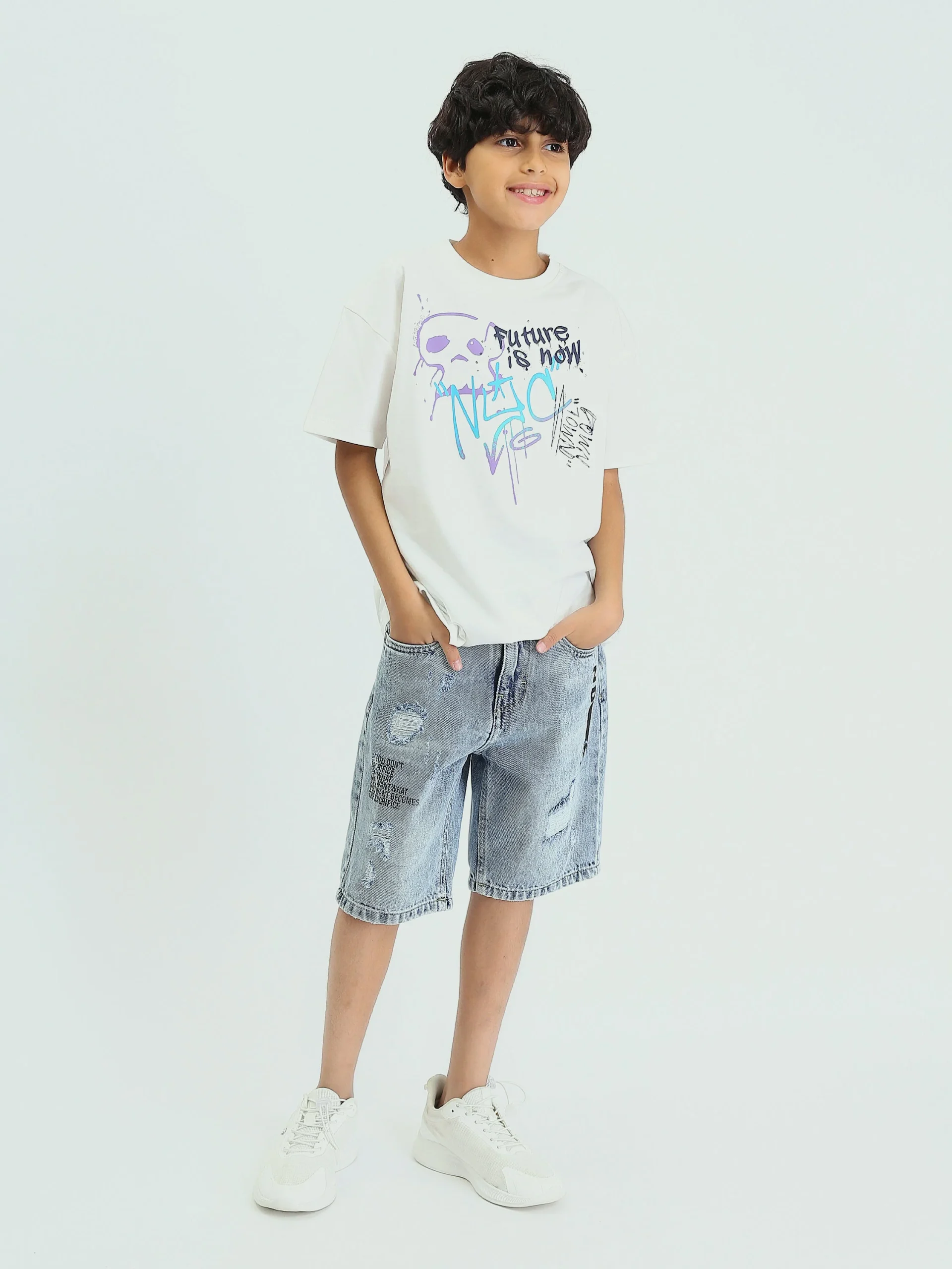 Short en Jean Garçon Délavé avec Imprimé "ND" – Style Urbain et Confortable - SHR25SDSP30207TB1 – Image 4